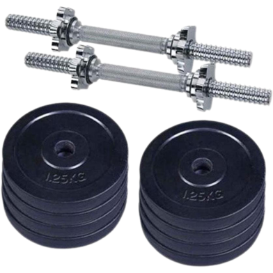 Combo Pack Of Eight Pcs Dumbbell Set Along Two Sticks - 10Kg - Black And Silver