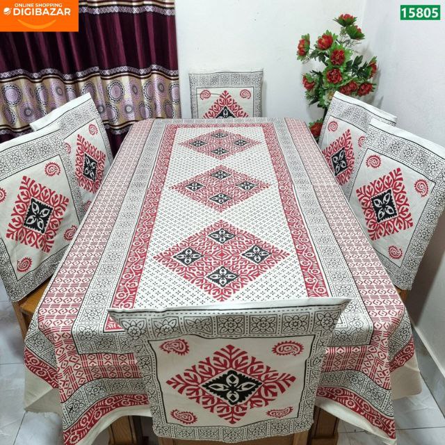 প্রিমিয়াম কোয়ালিটি ব্লক প্রিন্ট ডায়নিং টেবিল এবং চেয়ার কাভার সেট